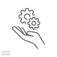 Installation and support line icon. Gears in hand for repair service process setting. Engineer job, Technology support. Editable stroke. Vector illustration. Design on white background. EPS 10