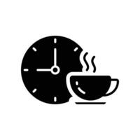 Coffee time icon, tea time. Hot coffee cup and time symbol for take a break or short rest period. Morning breakfast beverage. Glyph pictogram. vector illustration. Design on white background. EPS 10