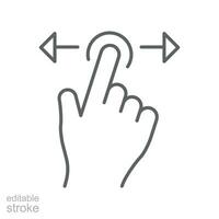 hand swipe icon. Horizontal scroll page symbol. Pointing finger hand cursor with right and left arrow. Pointer mouse Editable stroke vector illustration. Design illustration on white background EPS 10