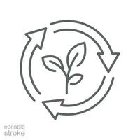 Organic recycle, reusable environmental icon. Eco green life style with leaf symbol and circular arrow. save environment. Editable stroke vector illustration. Design on white background. EPS 10