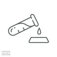 Test tube with drop icon. Medical, chemical reagent. laboratory experiment. Dripping liquid from glass. line, outline pictogram. Editable stroke Vector illustration. Design on white background EPS 10