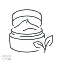 Natural organic cosmetic icon. Open jar of nature product ingredients skin care or vegan food skin with green leaf label. Editable stroke vector illustration. Design on white background. EPS 10