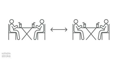 Two group people drinking coffee in cafe icon. New normal dine in concept with safe table. keep social distancing as prevention spread of Covid19. Outline, Editable stroke vector illustration. EPS 10