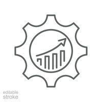 Analytics business arrow line icon. Marketing productivity progress, Profit market trend management. Increase chart bar gear cog. Editable stroke Vector illustration Design on white background EPS 1