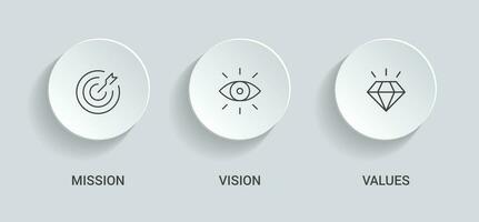 Mission, vision, values icon. Simple outline style. Target, eye, diamond symbol. Goal, strategy, business concept. Thin line vector illustration isolated. EPS 10.