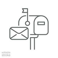 Mail box icon. Postbox letter with an envelope on the cover symbol. inbox, notification. Visualized of postage. Postal line. Editable stroke. Vector illustration. Design on white background. EPS 10