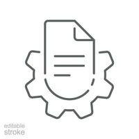 Manual document analysis line icon. Document with gear Big data processing. Paper sheet software solution business. Gear sheet page Editable stroke Vector illustration Design on white background EPS10