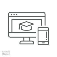 Online education platform line icon. Virtual learning concept, graduation cap on laptop display. Mobile learning. Home education. Editable stroke vector illustration design on white background. EPS 10