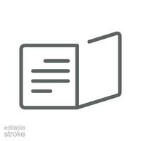 abierto libro, leer artículo icono. folleto contenido, revista disposición, leyendo diario manuscrito. aprender literatura tarjeta línea estilo. editable carrera vector ilustración. diseño en blanco antecedentes. eps 10