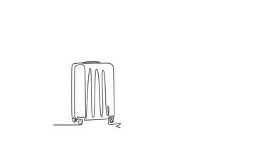Animated self drawing of continuous line draw young and happy businessman giving thumbs up gesture while opening the laptop waiting in airport. Business travel journey. Full length one line animation video