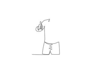 Self drawing animation of single line draw young construction worker foreman carrying clipboard and giving thumbs up gesture. Building constructor concept. Continuous line draw. Full length animated video