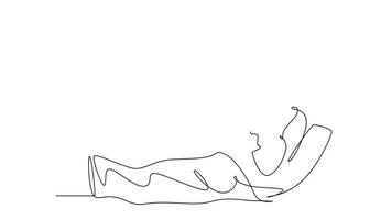 Self drawing animation of single line draw young doctor visiting patient who are lying weak on bed and giving thumbs up gesture. Medical healthcare service. Continuous line draw. Full length animated video