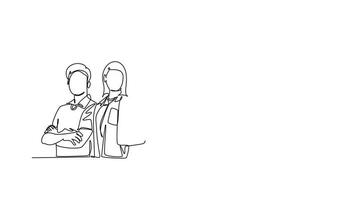 Animé soi dessin de continu ligne dessiner groupe de Jeune content médecin donnant les pouces en haut geste pour meilleur soins de santé un service dans hôpital. médical équipe travail concept. plein longueur Célibataire ligne animation video