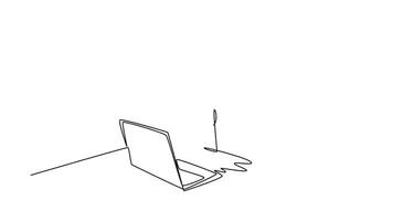 animiert selbst Zeichnung von kontinuierlich Linie zeichnen Geschäft Mann geben Daumen oben Geste, Sitzung auf Büro Stuhl und öffnen das Laptop zu Start Arbeiten. Geschäft Management. voll Länge einer Linie Animation video