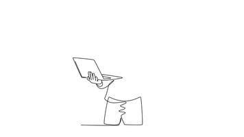 Animated self drawing of continuous line draw young happy businessman stand up and carrying laptop while giving thumb up gesture. Business service excellence concept. Full length single line animation video