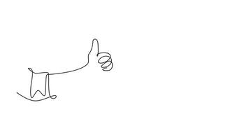 Animé soi dessin de continu ligne dessiner Jeune Masculin bras mains avec les pouces en haut et les pouces vers le bas signe geste. bien et mal symbole, icône, autocollant, modèle concept. plein longueur Célibataire ligne animation video