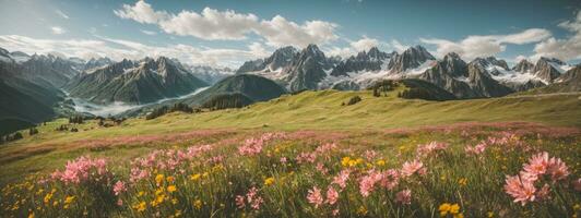 idílico montaña paisaje en el Alpes con floreciente prados en primavera. ai generado foto