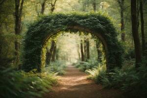 Natural archway shaped by branches in the forest. AI generated photo