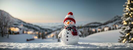 Panoramic view of happy snowman in winter secenery with copy space. AI generated photo