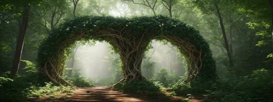 Natural archway shaped by branches in the forest. AI generated photo