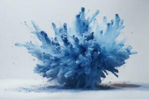 Abstract blue dust explosion on white background. Freeze motion of blue powder splash. Painted Holi in festival.. AI generated photo