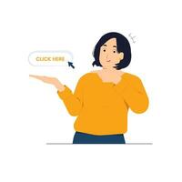 Happy woman pointing index fingers on the right corner, showing copy space click here concept illustration vector