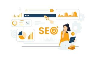 SEO, Optimized pages, Boost website, Enhance rankings keywords, Visitor traffic, analytic strategies. Dominate search engine results with back link, organic growth concept illustration vector