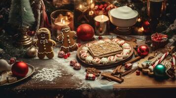 Whimsical flatlay with cute Yuletide decorations. Generative AI photo