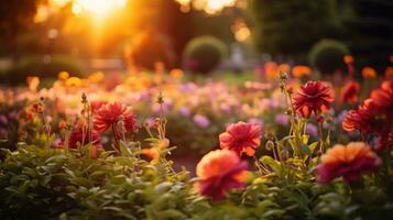 Vibrant sunset over a field of blooming flowers. Generative AI photo