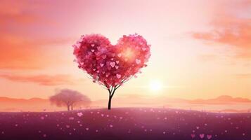 Painting of a heart shaped tree in a field. Generative AI photo