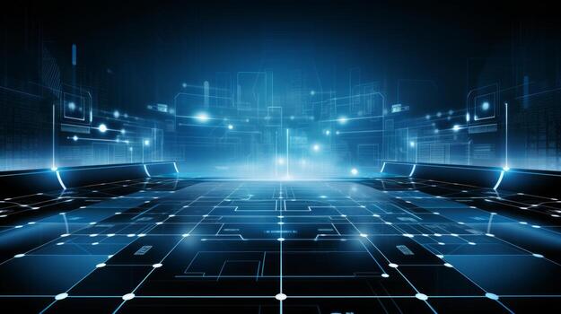 resumen imagen de un oscuro habitación con azul luces. generativo ai foto