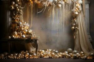 Shimmering and radiant Christmas decor against a backdrop. Generative AI photo