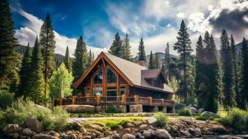 Log cabin sitting on top of a river next to a forest. Generative AI photo