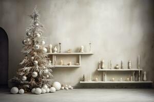 White christmas tree in front of a shelf. Generative AI photo