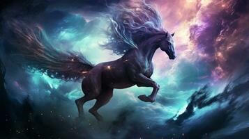 Nebula Pegasus takes flight amidst cosmic nebulas. Generative AI photo