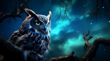 Nightfall Owl observes stars' emergence. Generative AI photo
