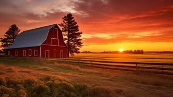 Red barn in a field at sunset. Generative AI photo