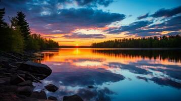 Sunset over a lake with rocks and trees. Generative AI photo