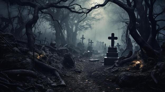 Cemetery with a cross in the middle. Generative AI photo