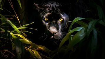 Majestic black panther in the darkness. Generative AI photo