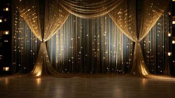 Stage with gold curtains and lights. Generative AI photo