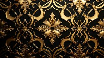 Black and gold wallpaper with ornate designs. Generative AI photo