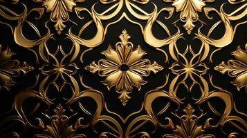 Black and gold wallpaper with ornate designs. Generative AI photo