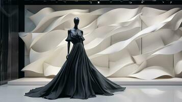 Black dress on display in front of a white wall. Generative AI photo