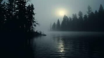 Foggy lake with trees and the sun in the distance. Generative AI photo