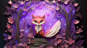 Intricately cut paper fox in a serene forest setting. Generative AI photo