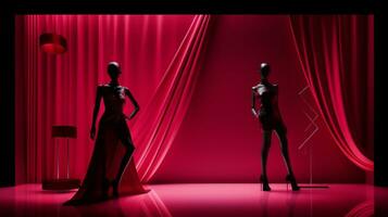 Mannequins posing in front of a vibrant red curtain. Generative AI photo