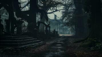 Creepy house in the middle of a forest. Generative AI photo