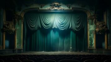 Theater with a green curtain and a chandelier. Generative AI photo