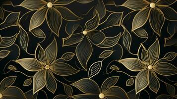 Black background with gold floral and leaf patterns. Generative AI photo